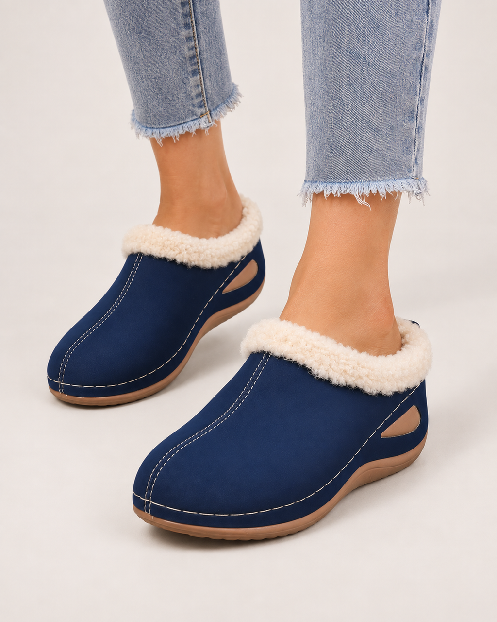 Women’s Slipper Clogs with Plush Lining and Wedge Sole in Navy Blue, worn footwear focus below knee view