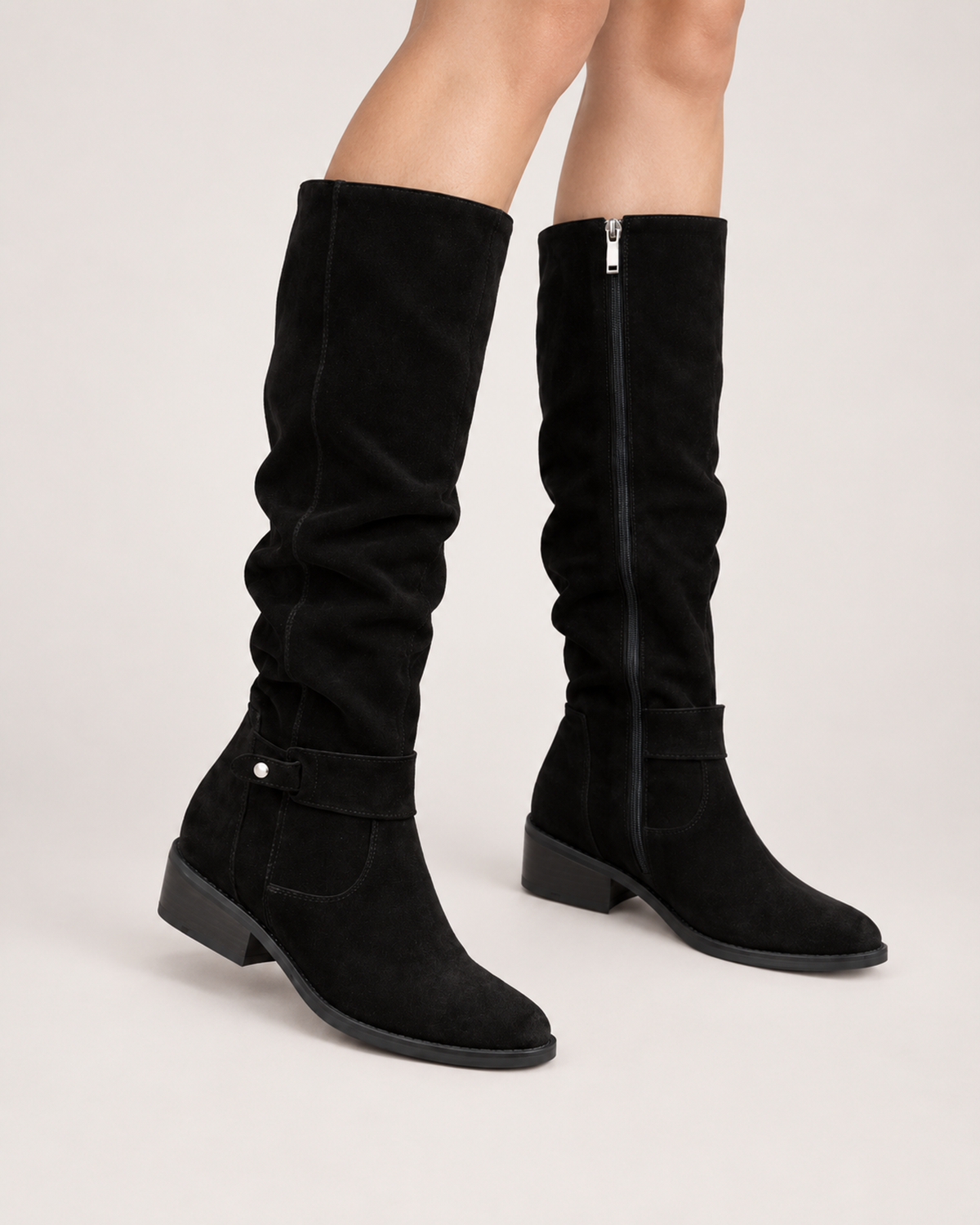 Women’s Knee High Boots with Low Heel and Side Zip in Black, worn footwear focus below knee view