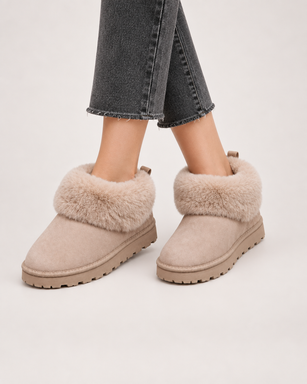 Women’s Slipper Boots with Fold-Down Fluffy Cuff in Taupe, worn footwear focus below knee view