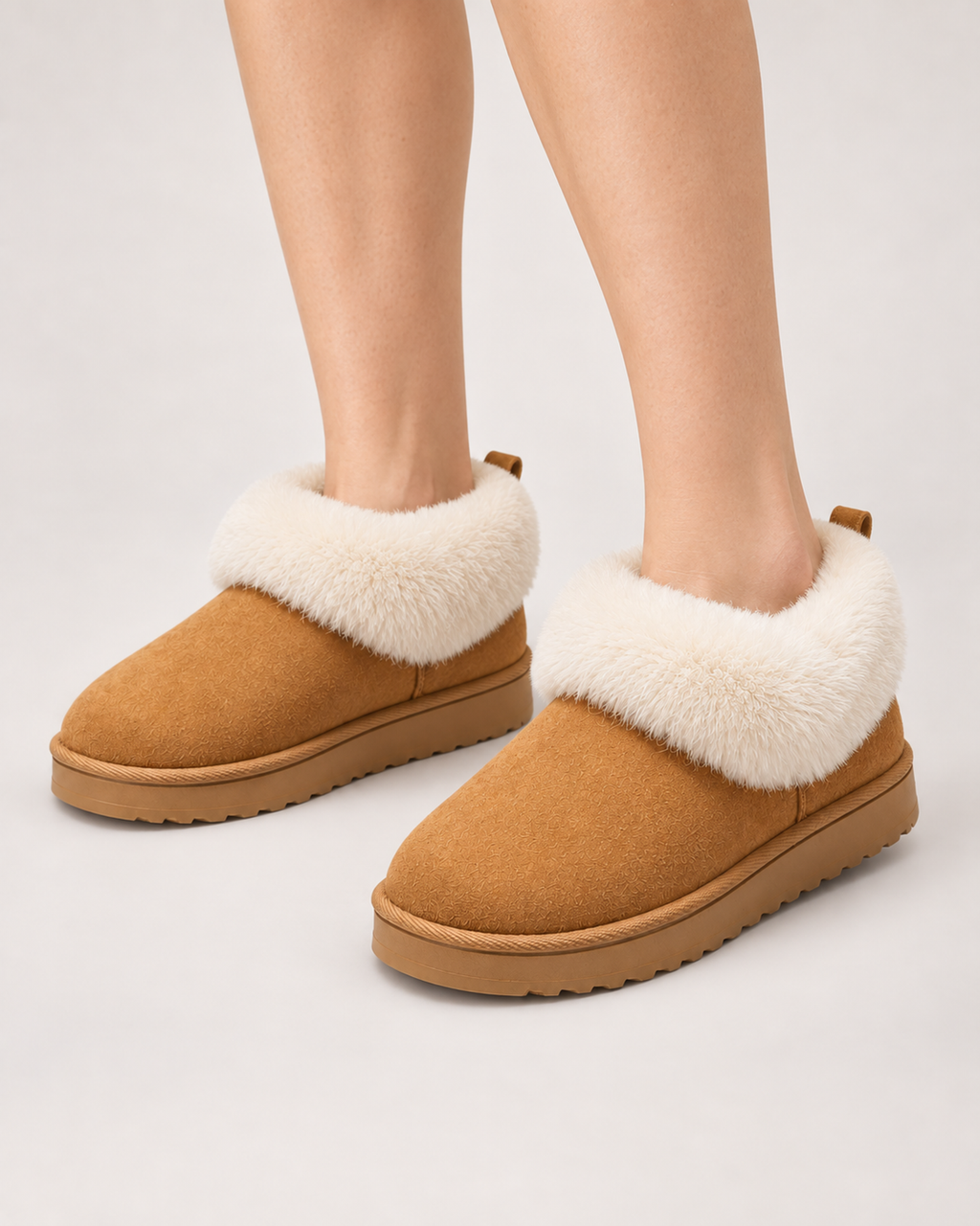 Women’s Slipper Boots with Fluffy Cuff and Platform Sole in Camel, worn footwear focus below knee view