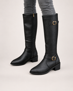 Women’s Knee High Boots with Riding Shape and Buckle Detail in Black, worn footwear focus below knee view