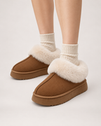 Women’s Platform Slippers with Fluffy Collar in Chestnut Brown, worn footwear focus below knee view
