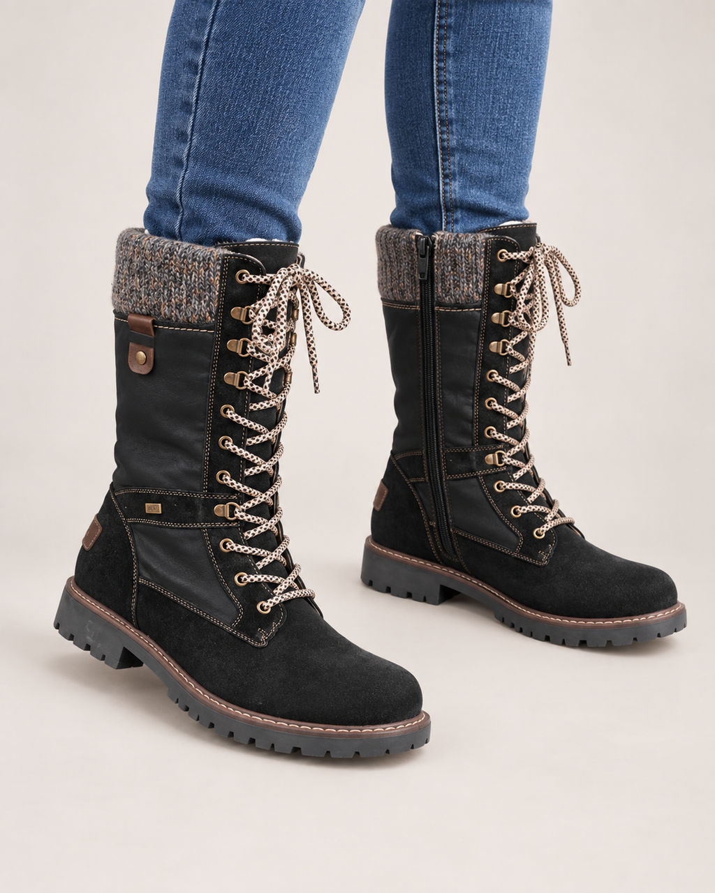 Women’s Lace Up Boots with Knitted Cuff in Black, worn footwear focus below knee view