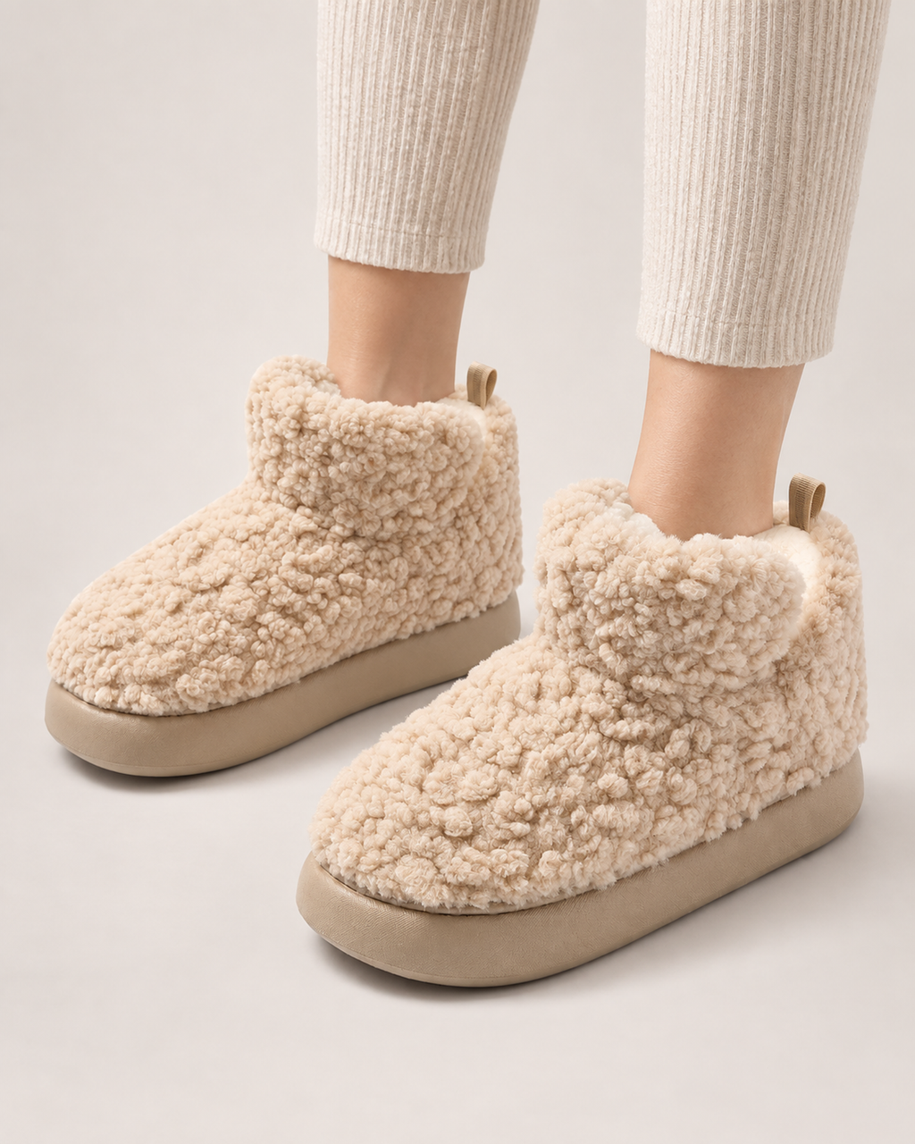 Women’s Slipper Boots with Fluffy Finish and Thick Sole in Light Brown, worn footwear focus below knee view