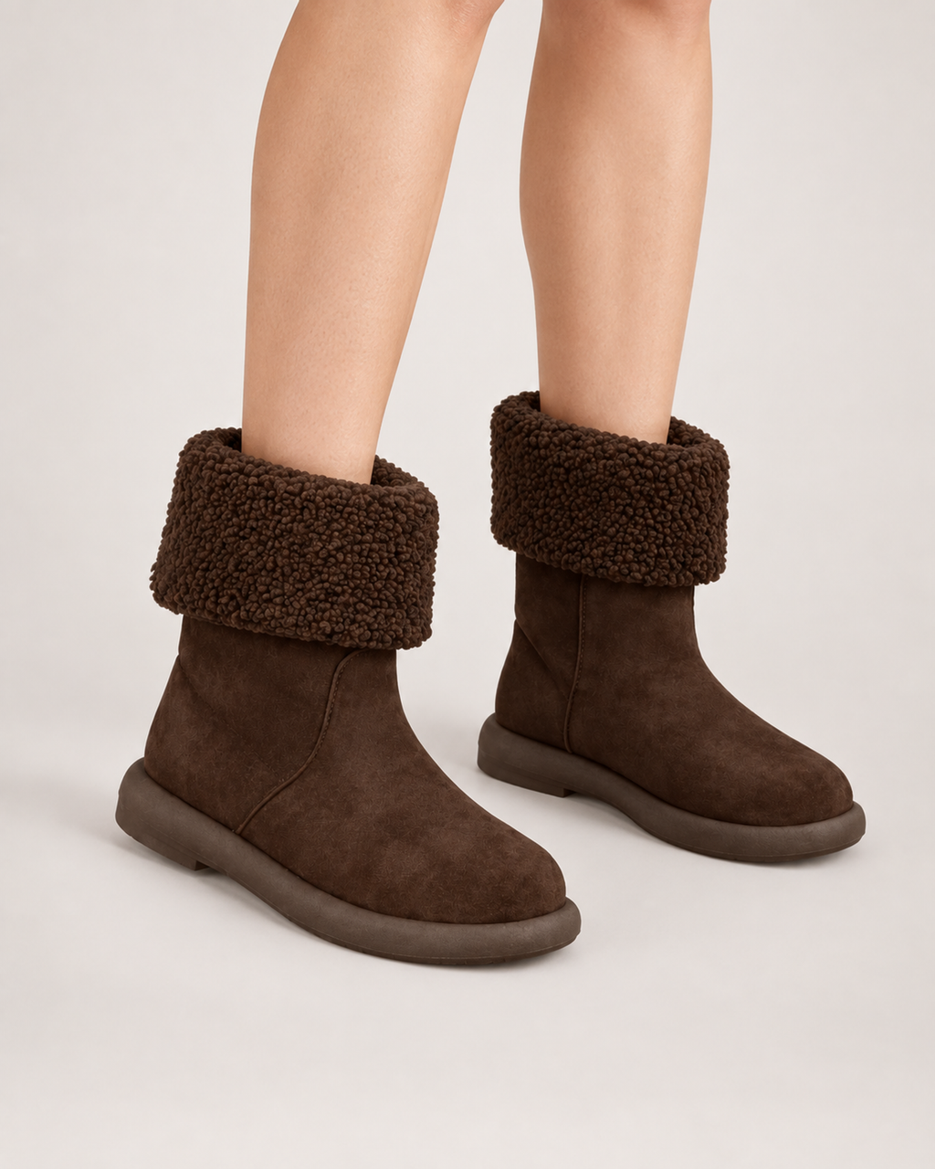 Women’s Mid Calf Boots with Fold-Down Fluffy Cuff in Dark Brown, worn footwear focus below knee view