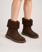 Women’s Mid Calf Boots with Fold-Down Fluffy Cuff in Dark Brown, worn footwear focus below knee view