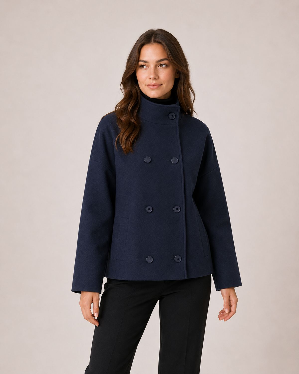 Women’s blue funnel neck coat three quarter view