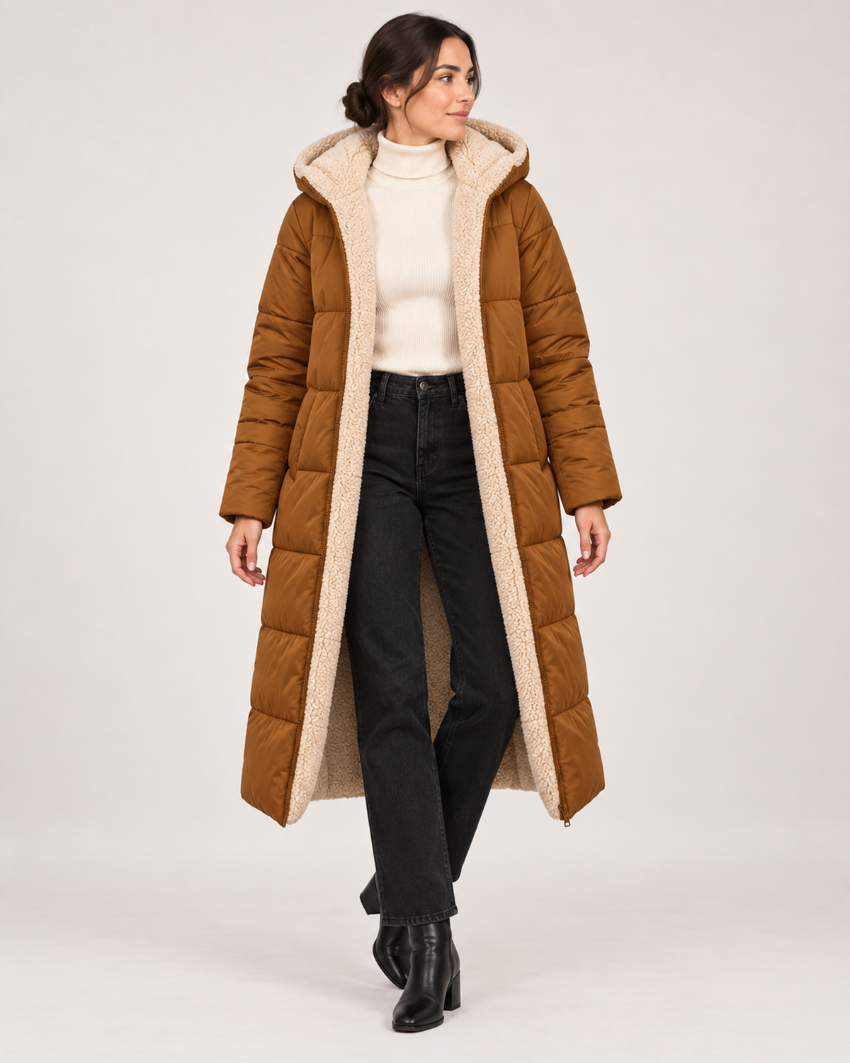 Women’s brown long puffer coat open front product view