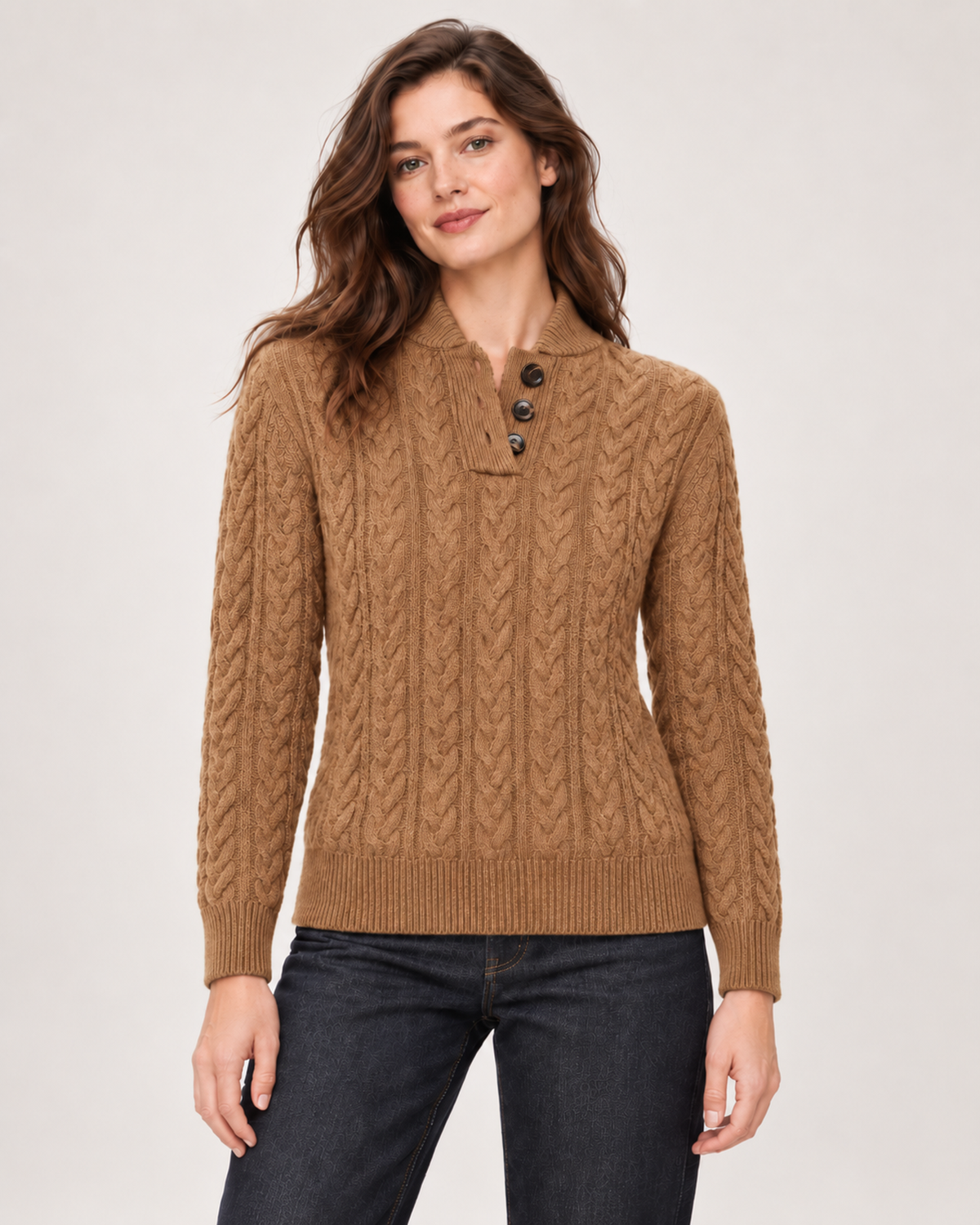 Women’s brown cable knit jumper front view