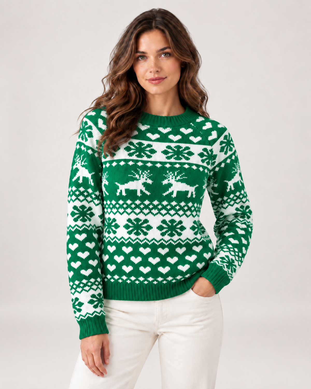 Women’s Christmas Jumper with Reindeer Pattern in Green, product-focused view