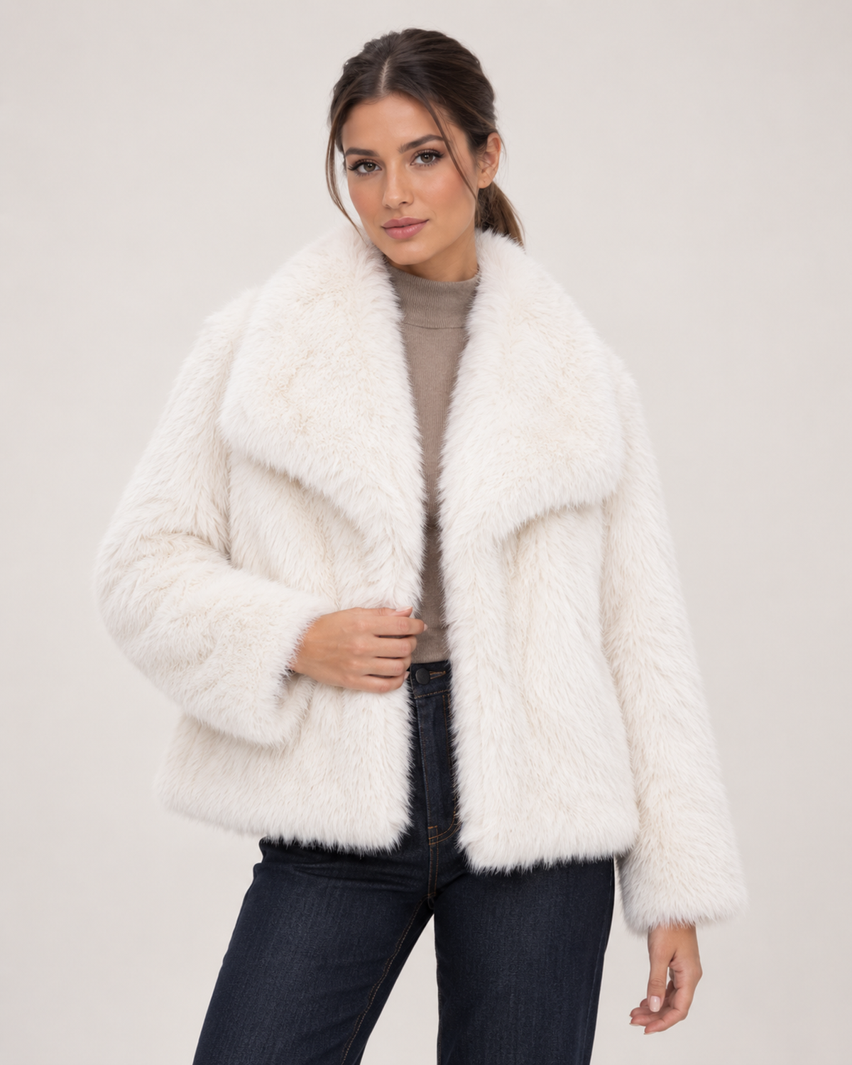 Women’s white faux fur jacket front product view