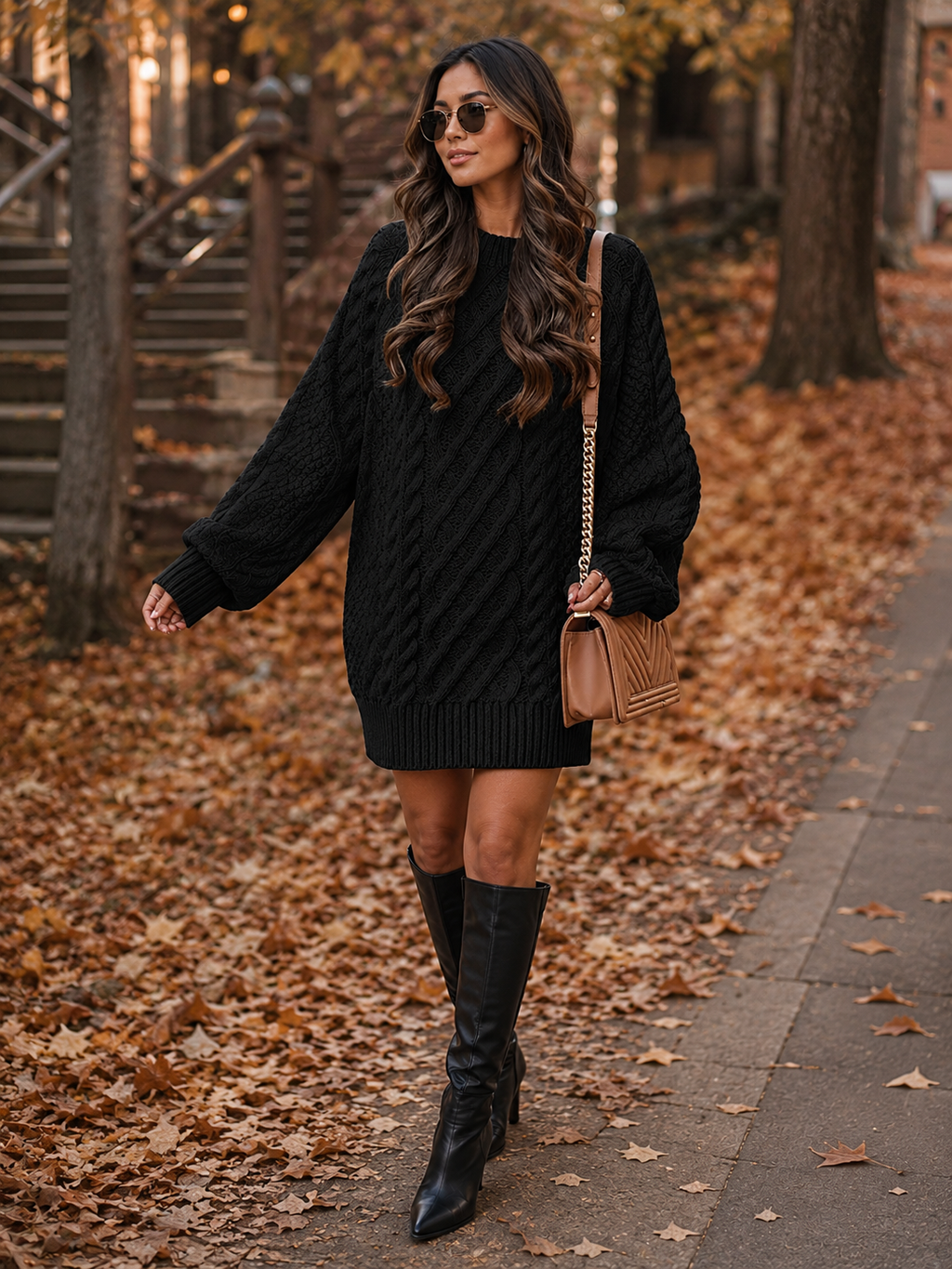 Women's Black Oversized Cable Knit Jumper Dress