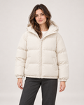 Women’s Puffer Jacket with Hood and Zip Front in Beige, short outerwear product focus view