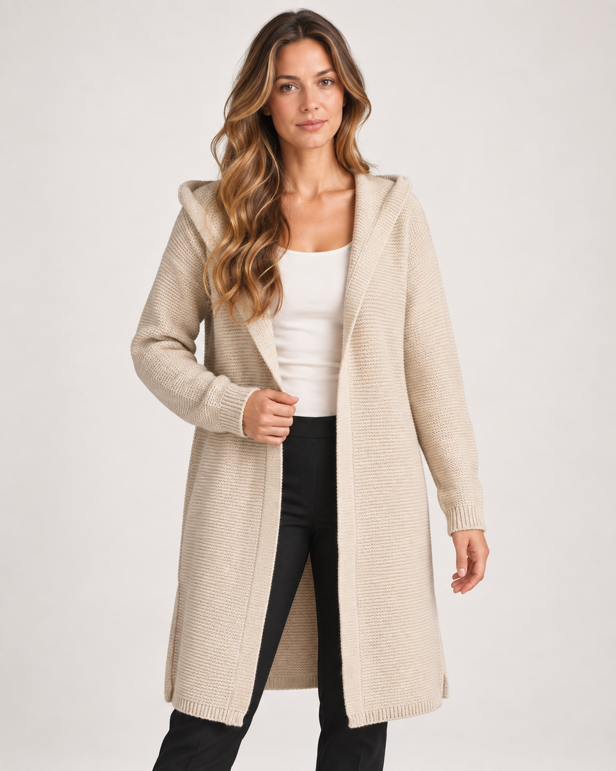 Women’s Longline Cardigan with Hood and Button Front in Beige, upper body product focus view
