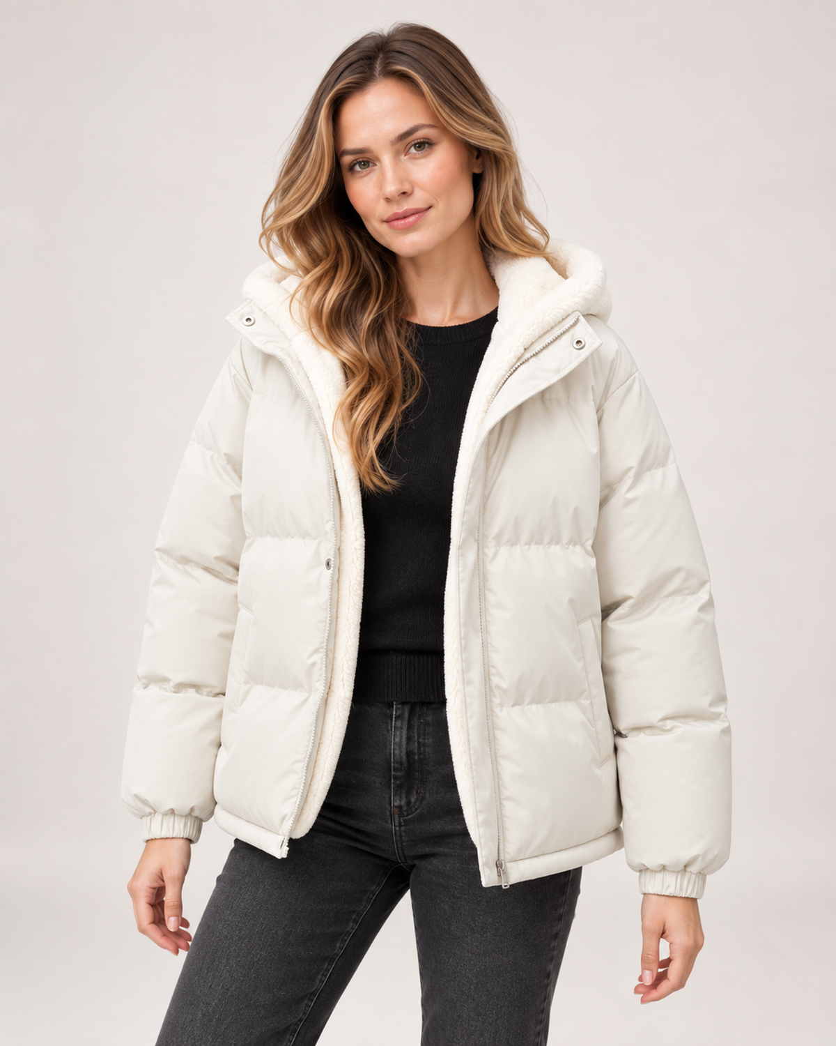 Women’s Puffer Jacket with Hood and Zip Front in Beige, short outerwear product focus view