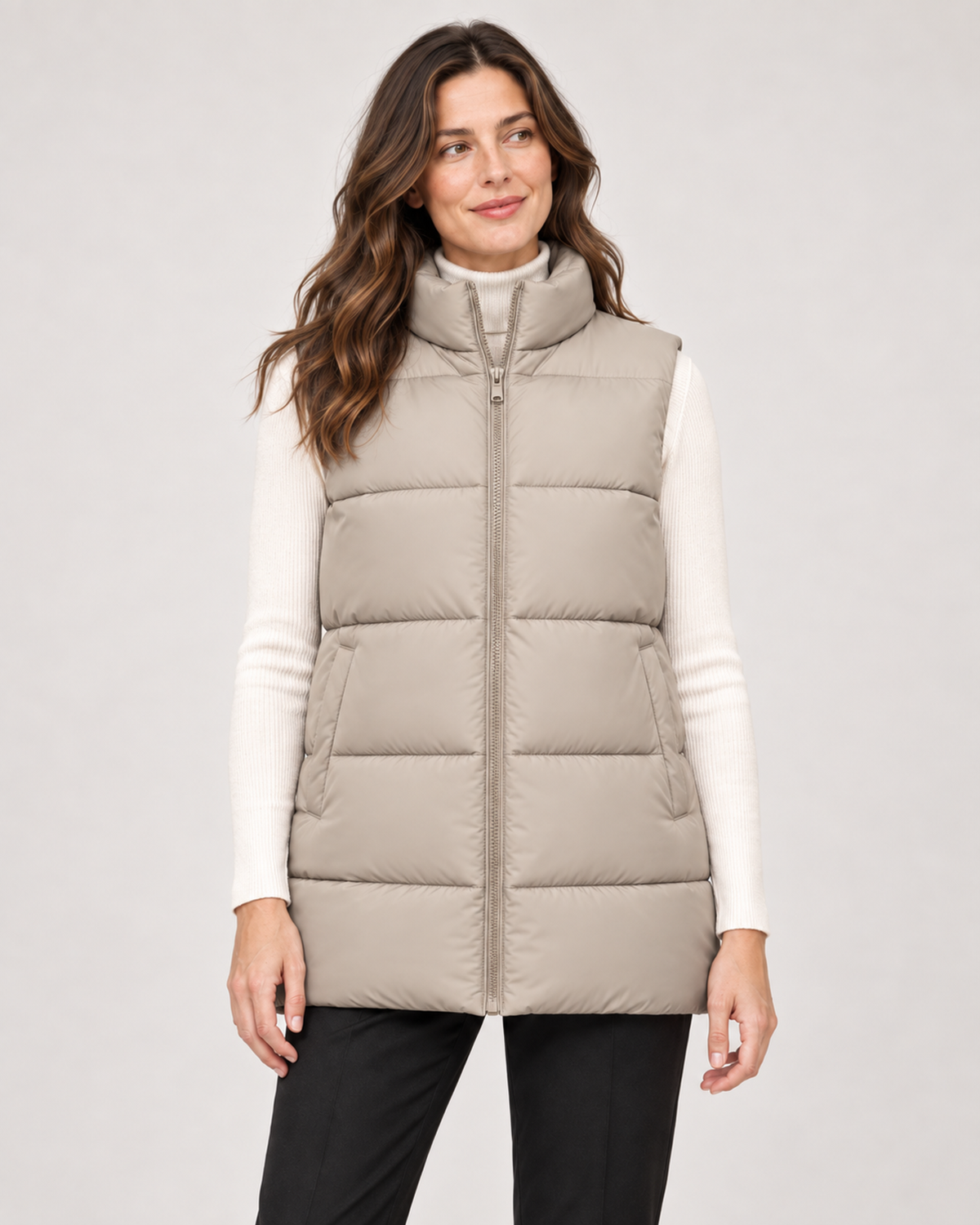 Women’s Puffer Gilet with Longline Shape and Stand Collar in Beige, full body view