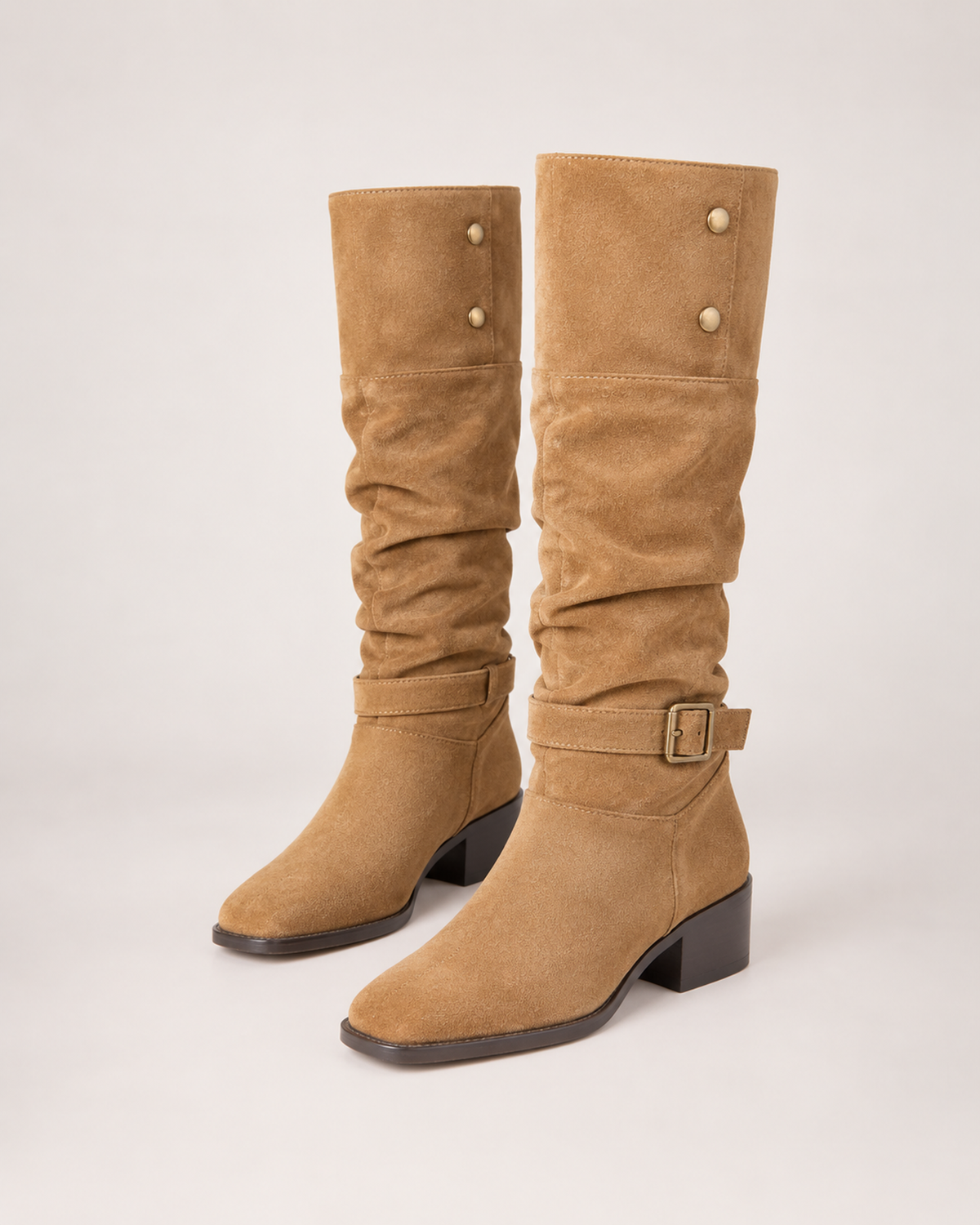 Women’s Knee High Boots with Slouch Shaft and Block Heel in Beige, product only pair front three quarter view