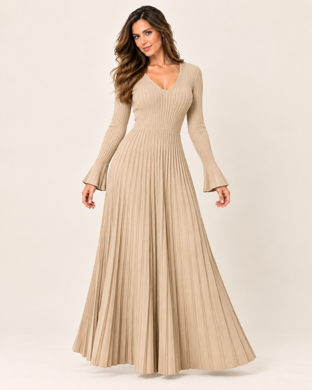 Women’s Knitted Dress with V Neck and Pleated Maxi Skirt in Beige, lower body product focus view