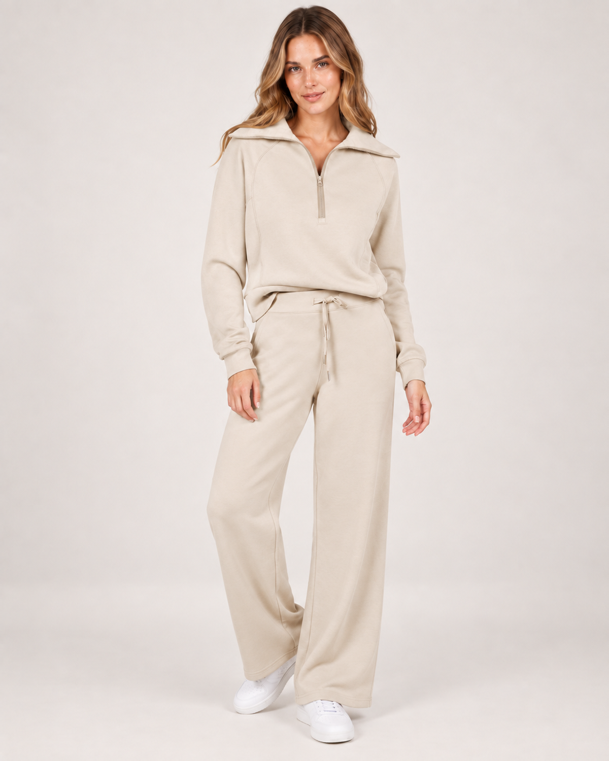 Women’s Tracksuit Set with Half-Zip Top and Wide-Leg Trousers in Beige, full body view