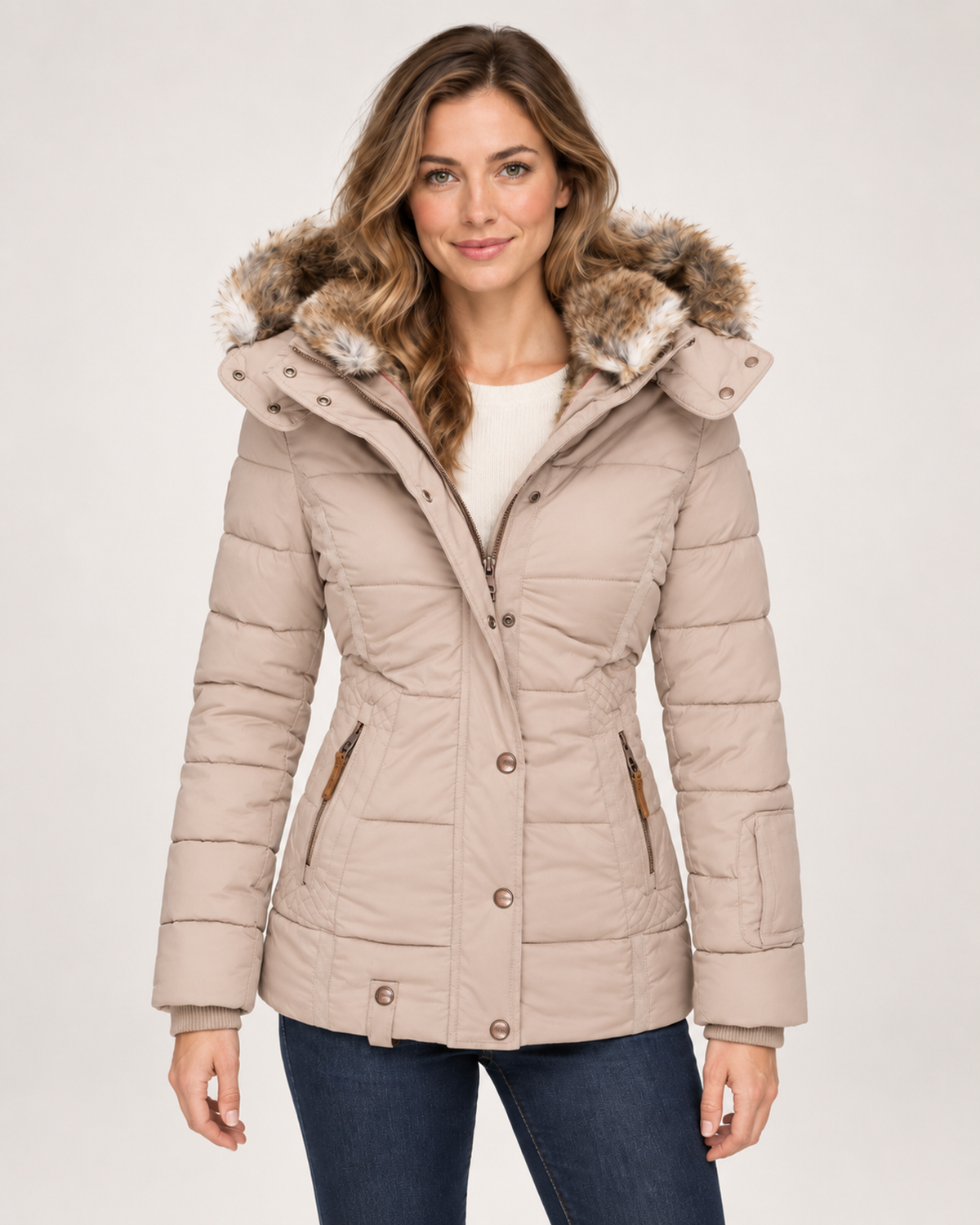 Women’s Puffer Jacket with Faux Fur Hood in Beige, short outerwear product focus view