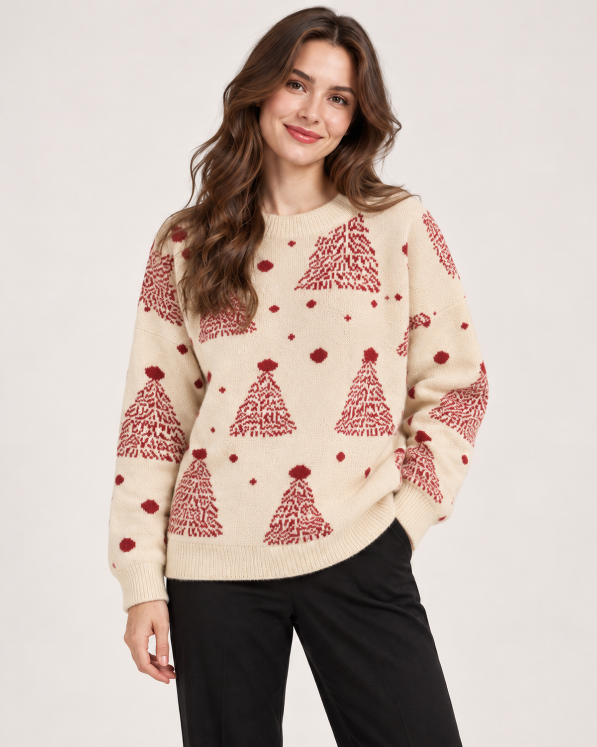 Women’s Christmas Jumper with Christmas Tree Pattern in Beige, upper body product focus view