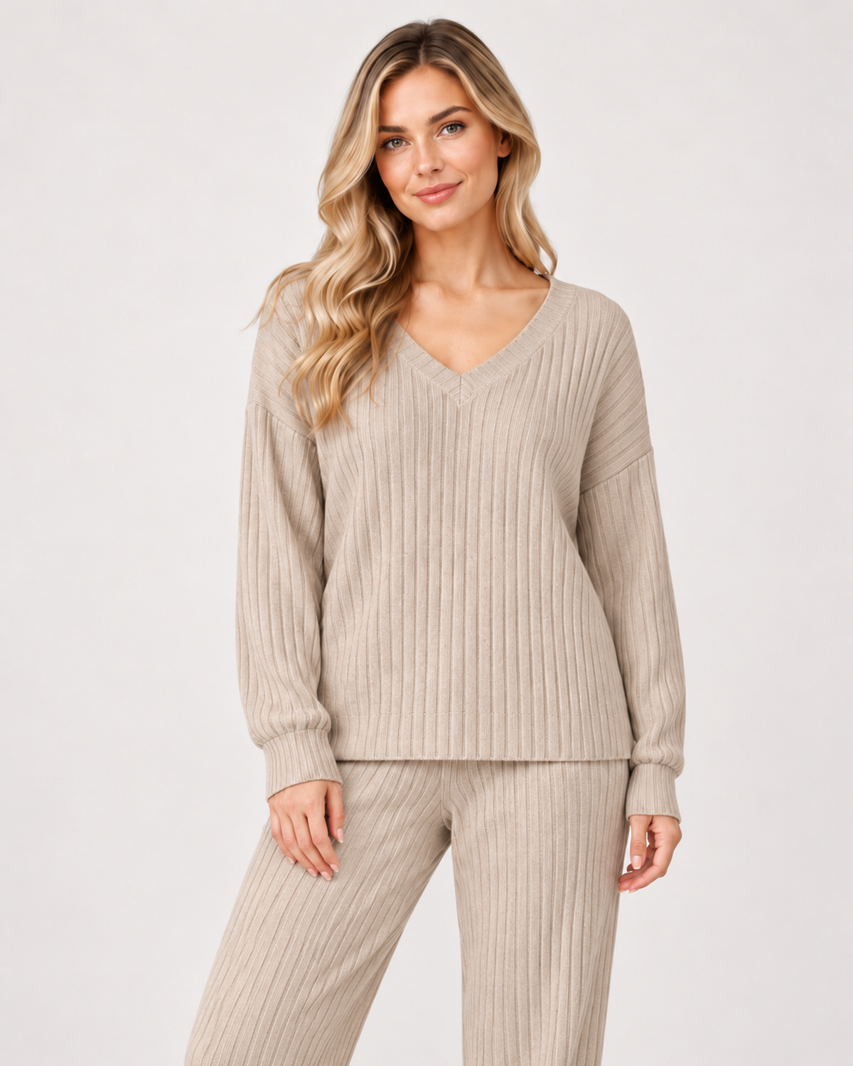 Women’s Loungewear Set with Ribbed Finish and V Neck in Beige, lower body product focus view