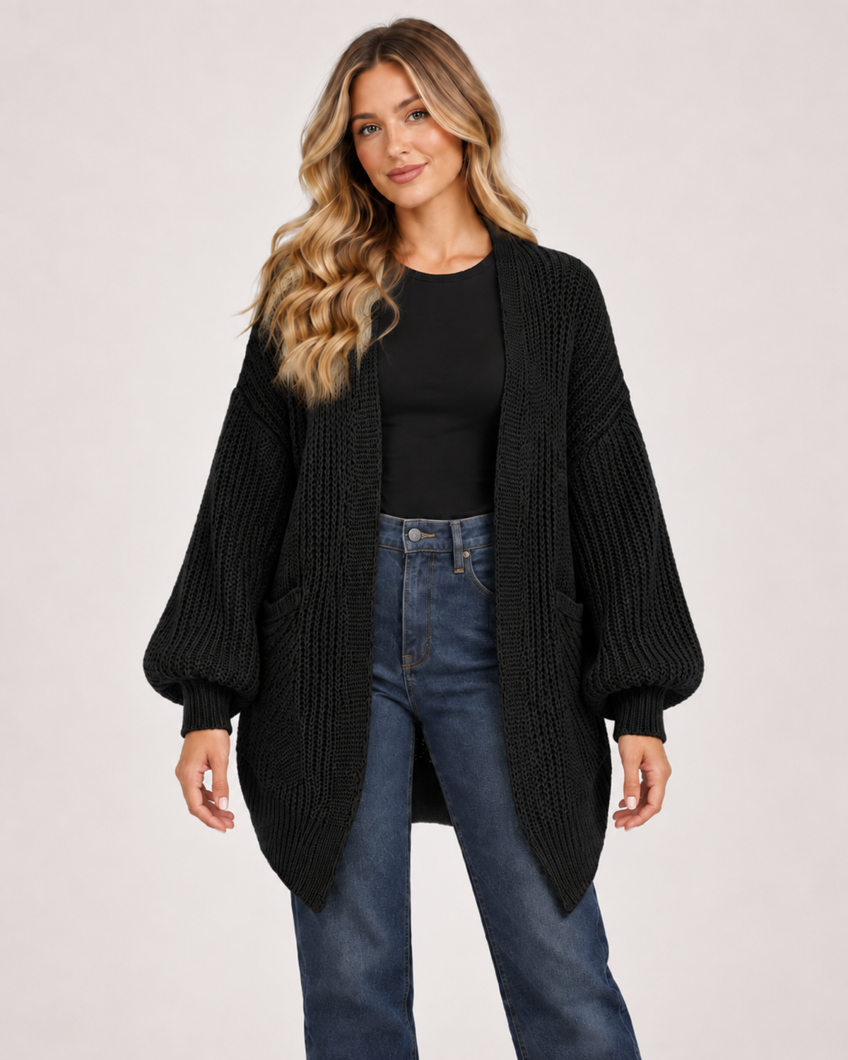Women’s Balloon Sleeve Cardigan with Chunky Knit in Black, upper body product focus view
