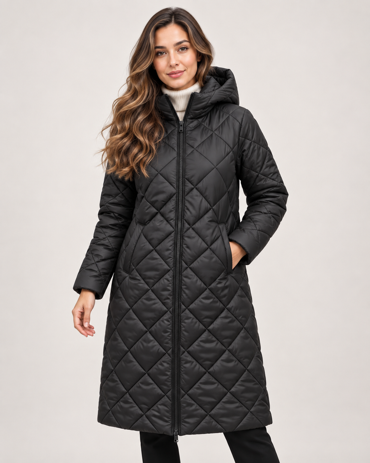 Women’s Long Puffer Jacket with Hood and Diamond Quilting in Black, short outerwear product focus view
