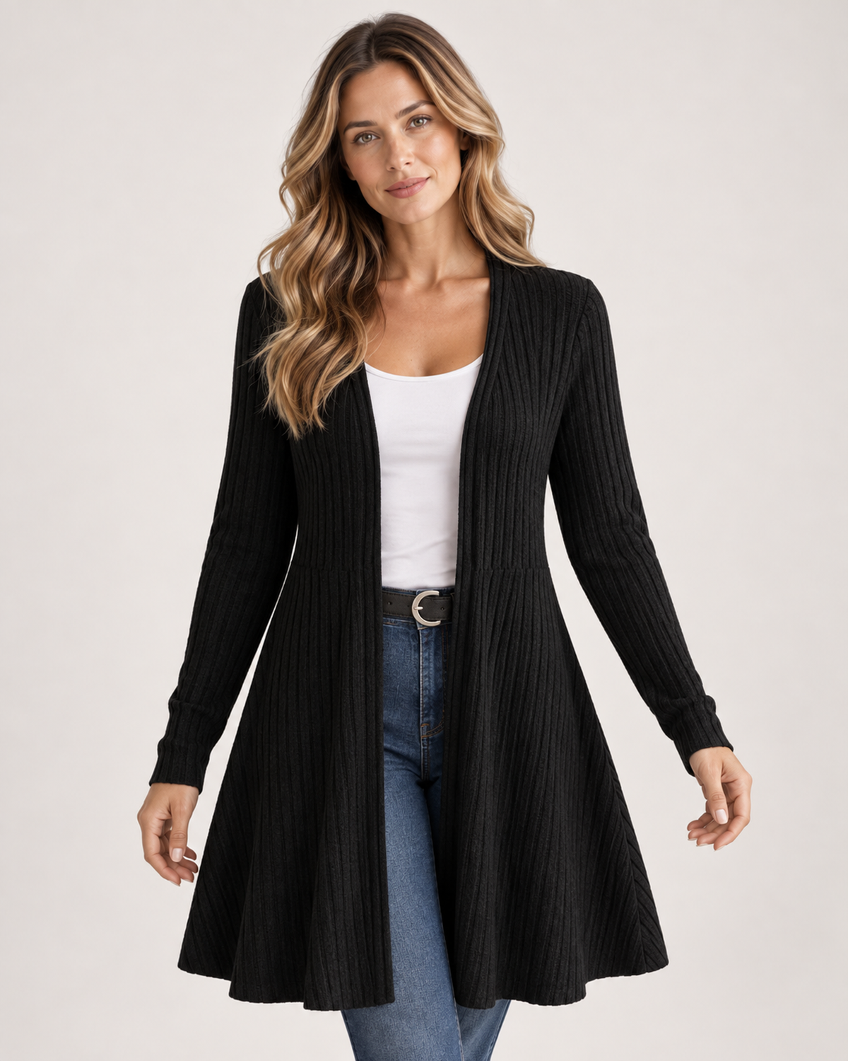 Women’s Longline Cardigan with Open Front in Black, upper body product focus view