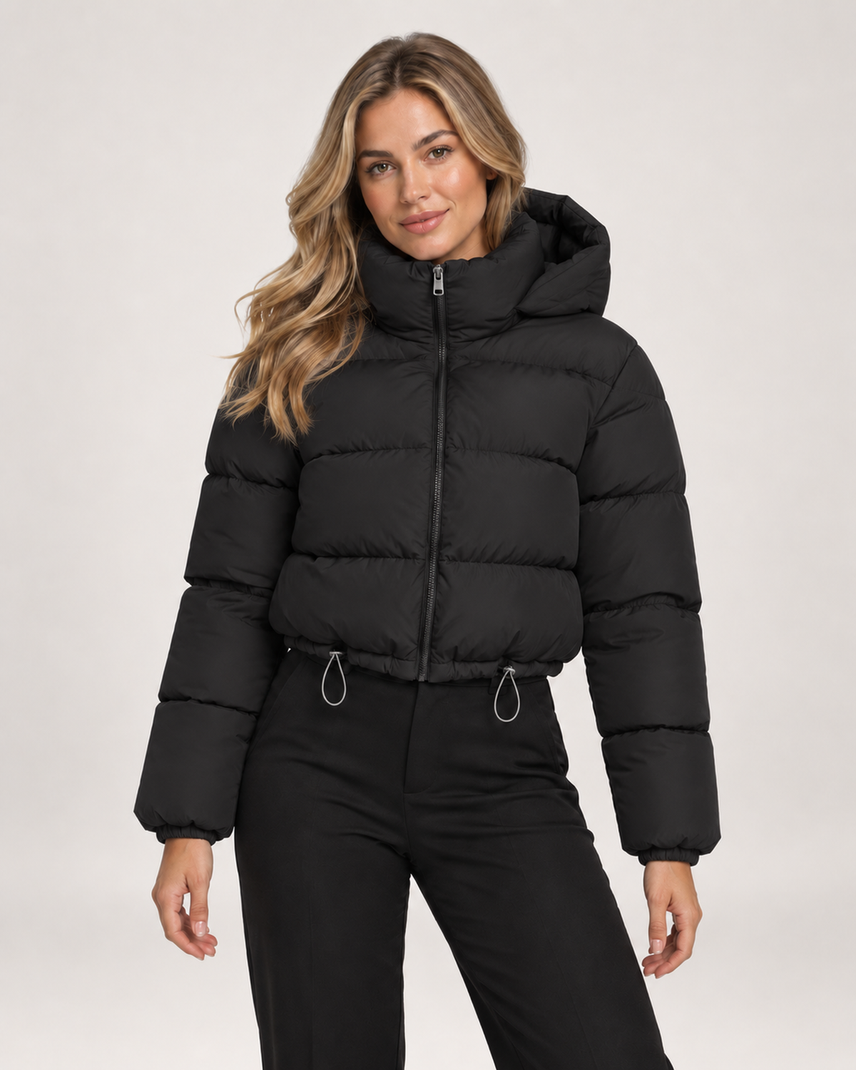 Women’s Puffer Jacket with Hood and Adjustable Hem in Black, short outerwear product focus view