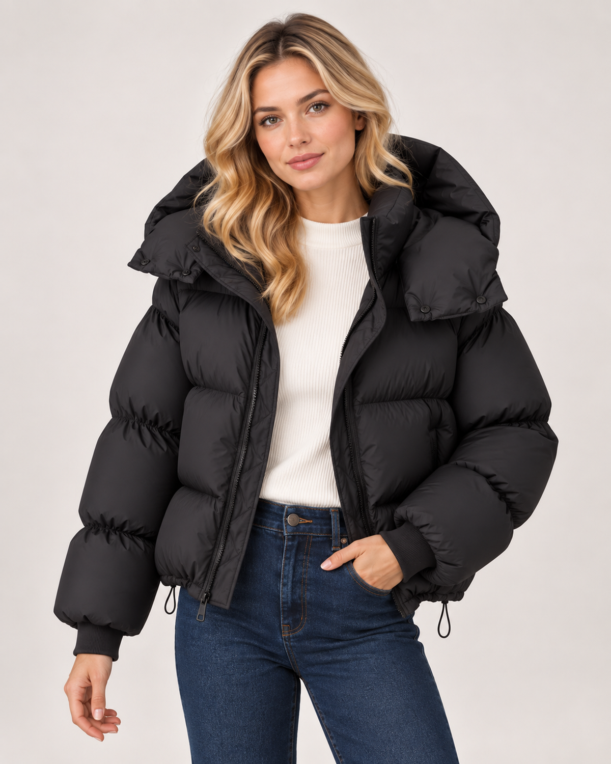 Women’s Puffer Jacket with Oversized Hood and Drawstring Hem in Black, short outerwear product focus view