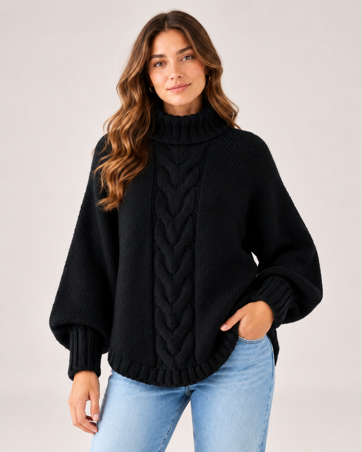 Women's Cable Knit Jumper Chunky Roll Neck Style black close variant view
