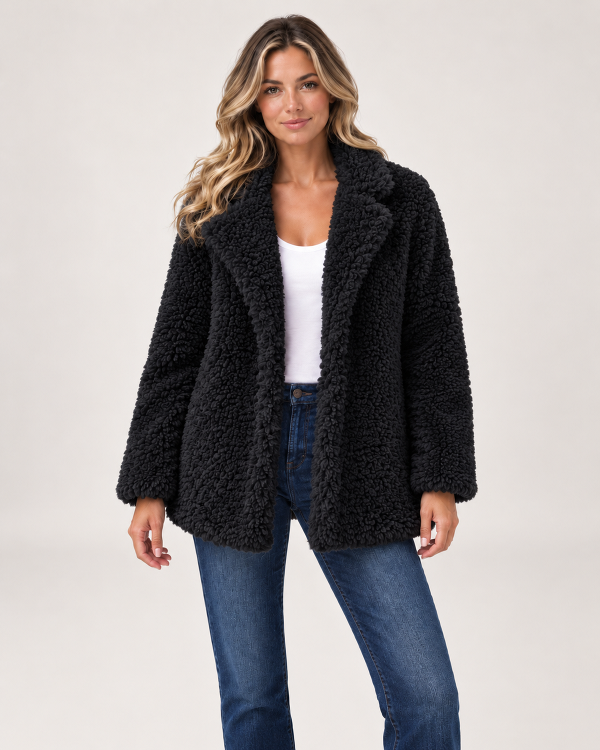 Women’s Teddy Coat with Wide Lapel Collar in Black, short outerwear product focus view