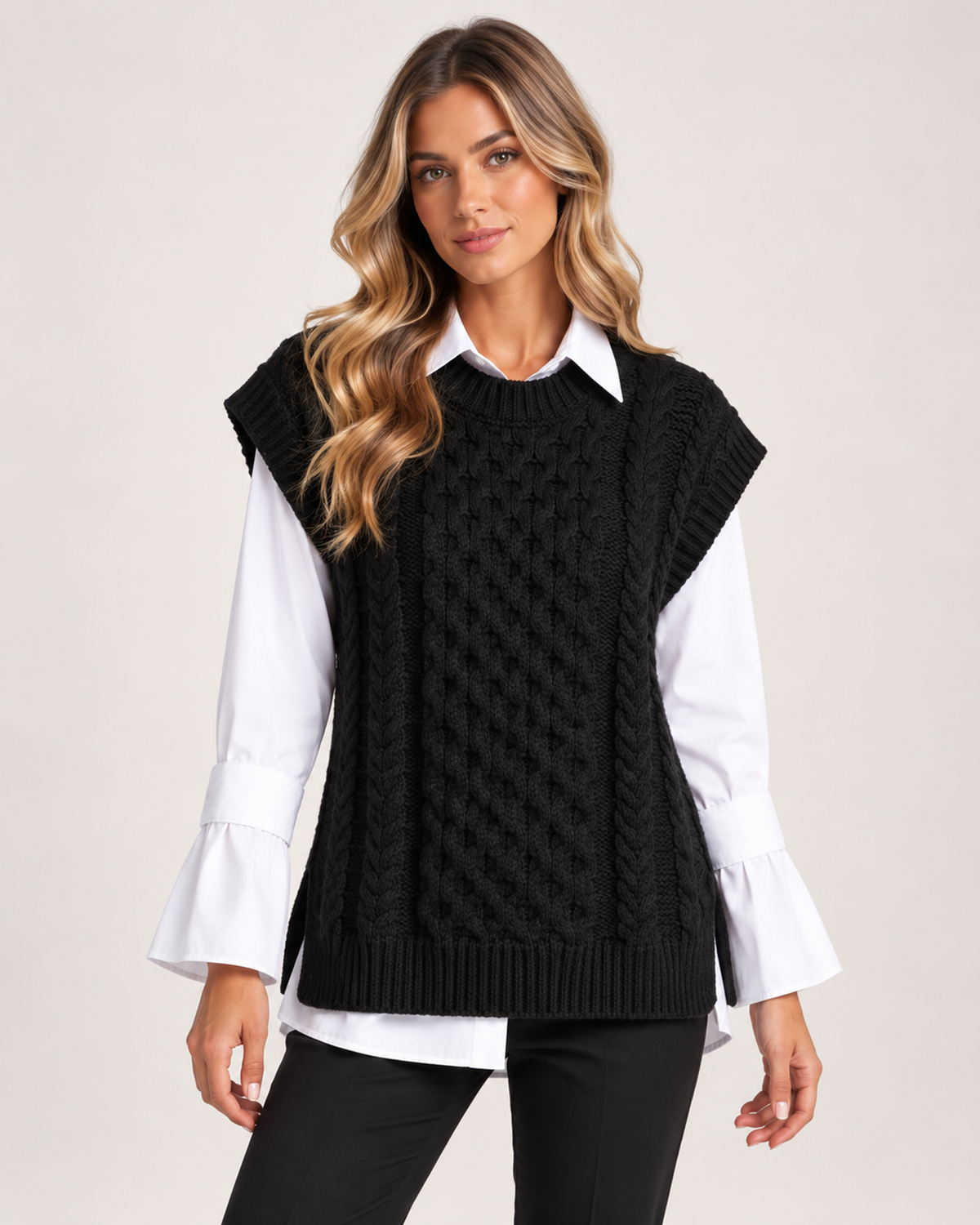 Women’s Knitted Vest with Longline Shape and Cable Detail in Black, lower body product focus view