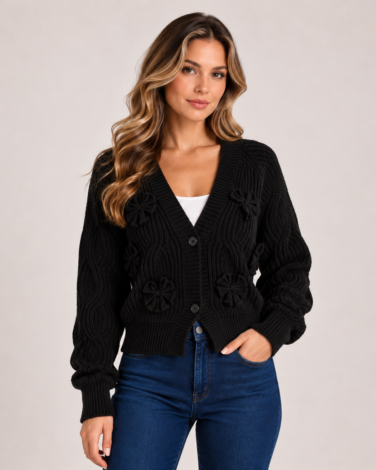 Women's Bow Cardigan with V Neck black close variant view