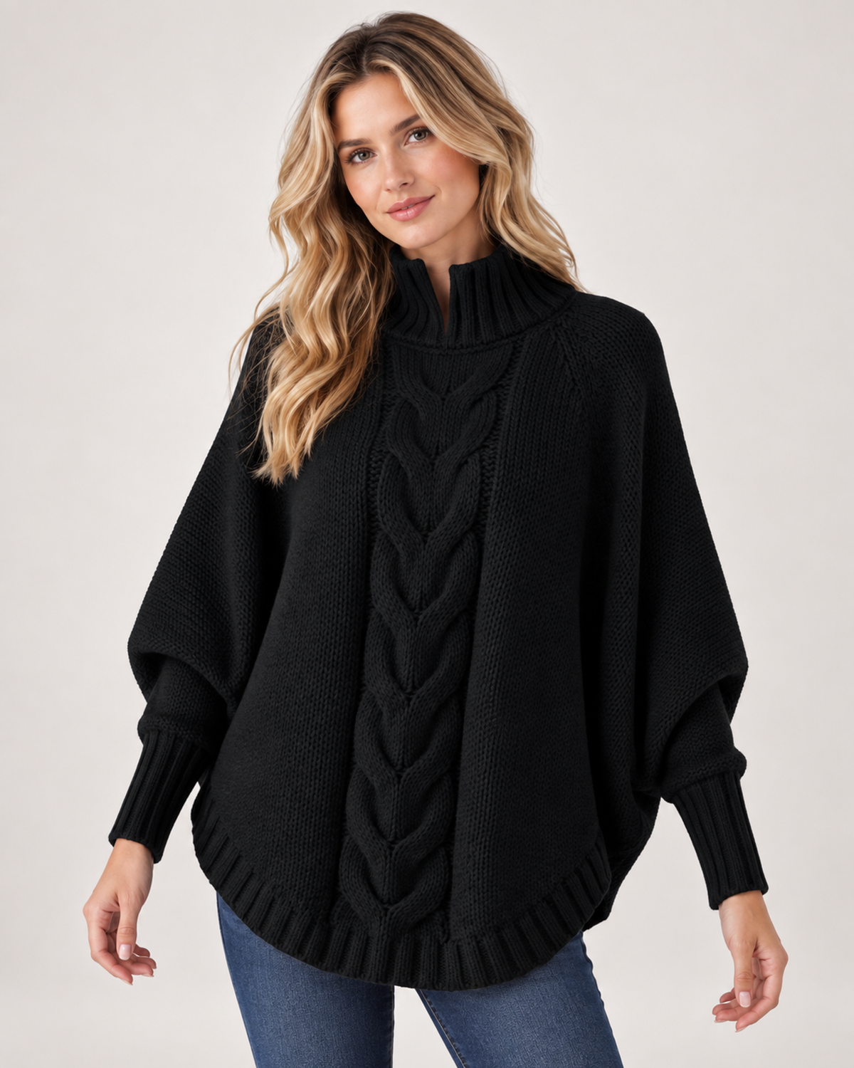 Women’s Cable Knit Jumper with High Neck and Batwing Sleeves in Black, upper body product focus view
