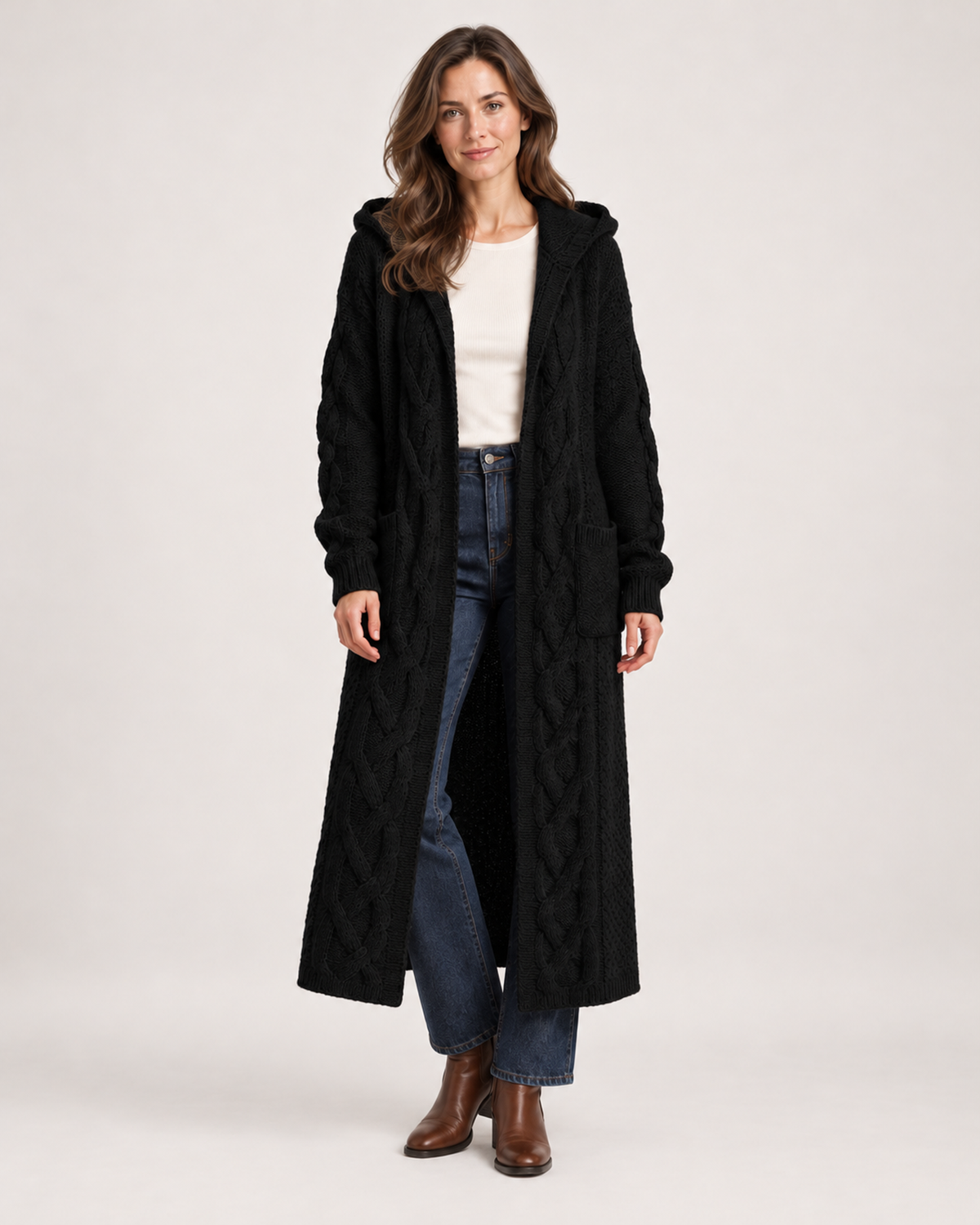 Women’s Long Cardigan with Hood and Cable Detail in Black, upper body product focus view