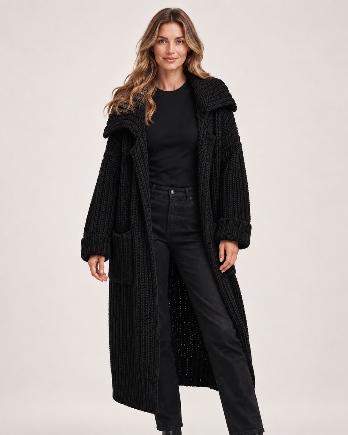 Women’s Long Cardigan with Shawl Collar in Black, full body view