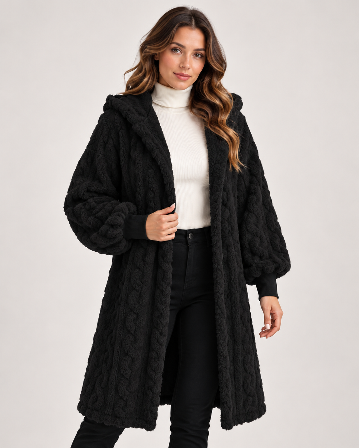 Women’s Longline Cardigan with Hood and Cable Texture in Black, full body view