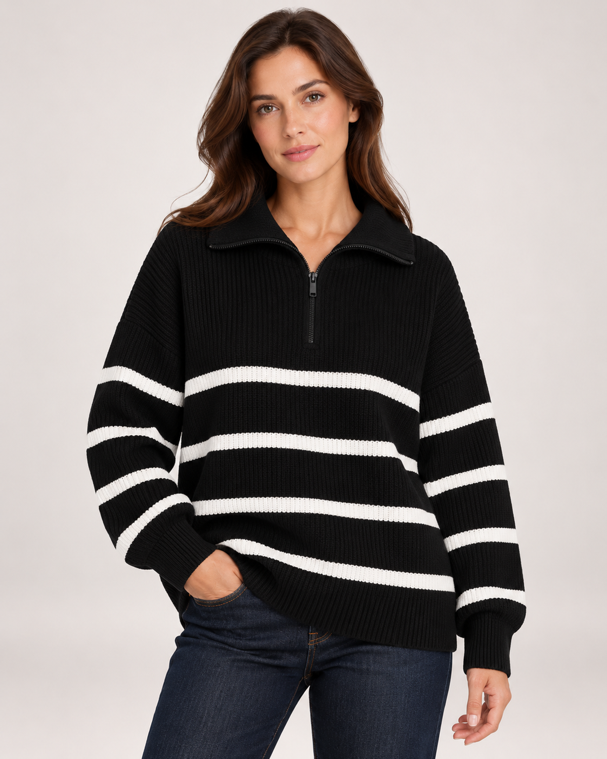 Women’s Striped Jumper with Half Zip Collar in Black, upper body product focus view