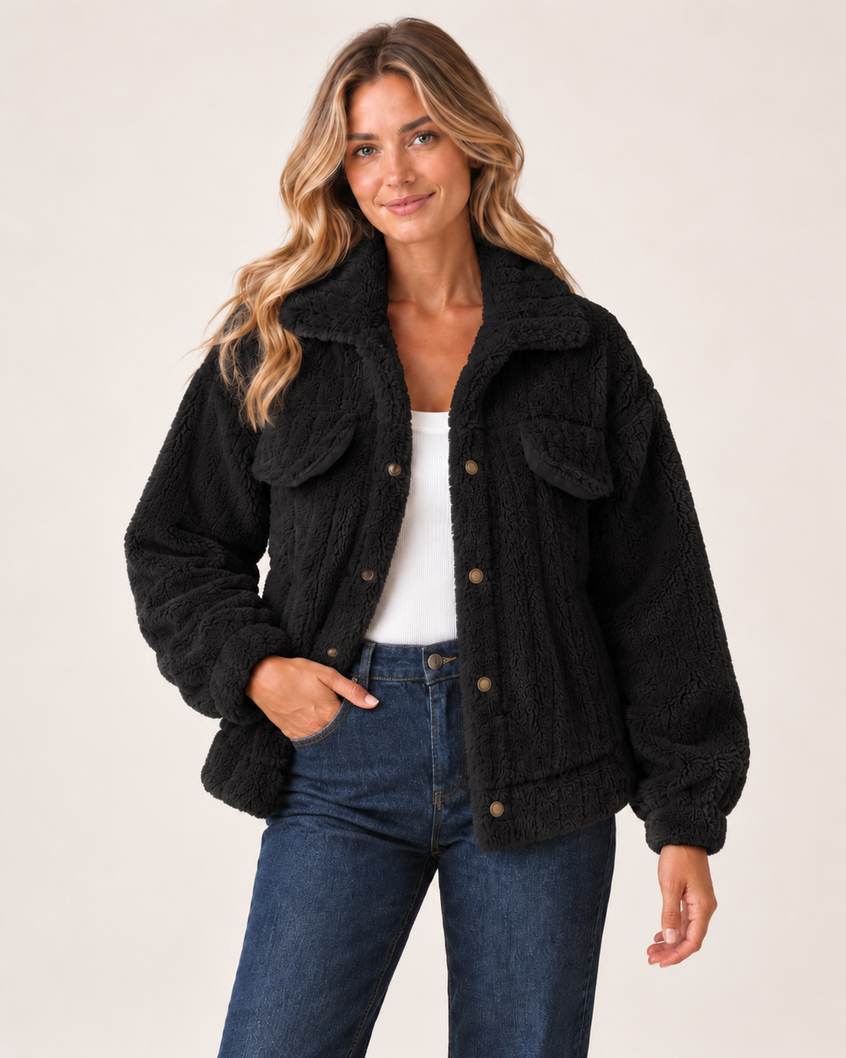 Women’s Borg Jacket with Collar and Chest Pockets in Black, short outerwear product focus view