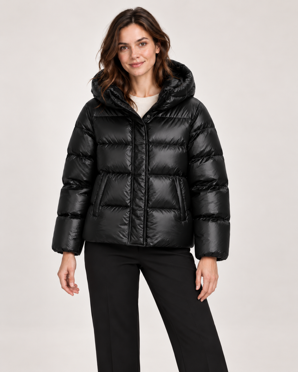 Women’s Puffer Jacket with Hood and Zip Front in Black, short outerwear product focus view