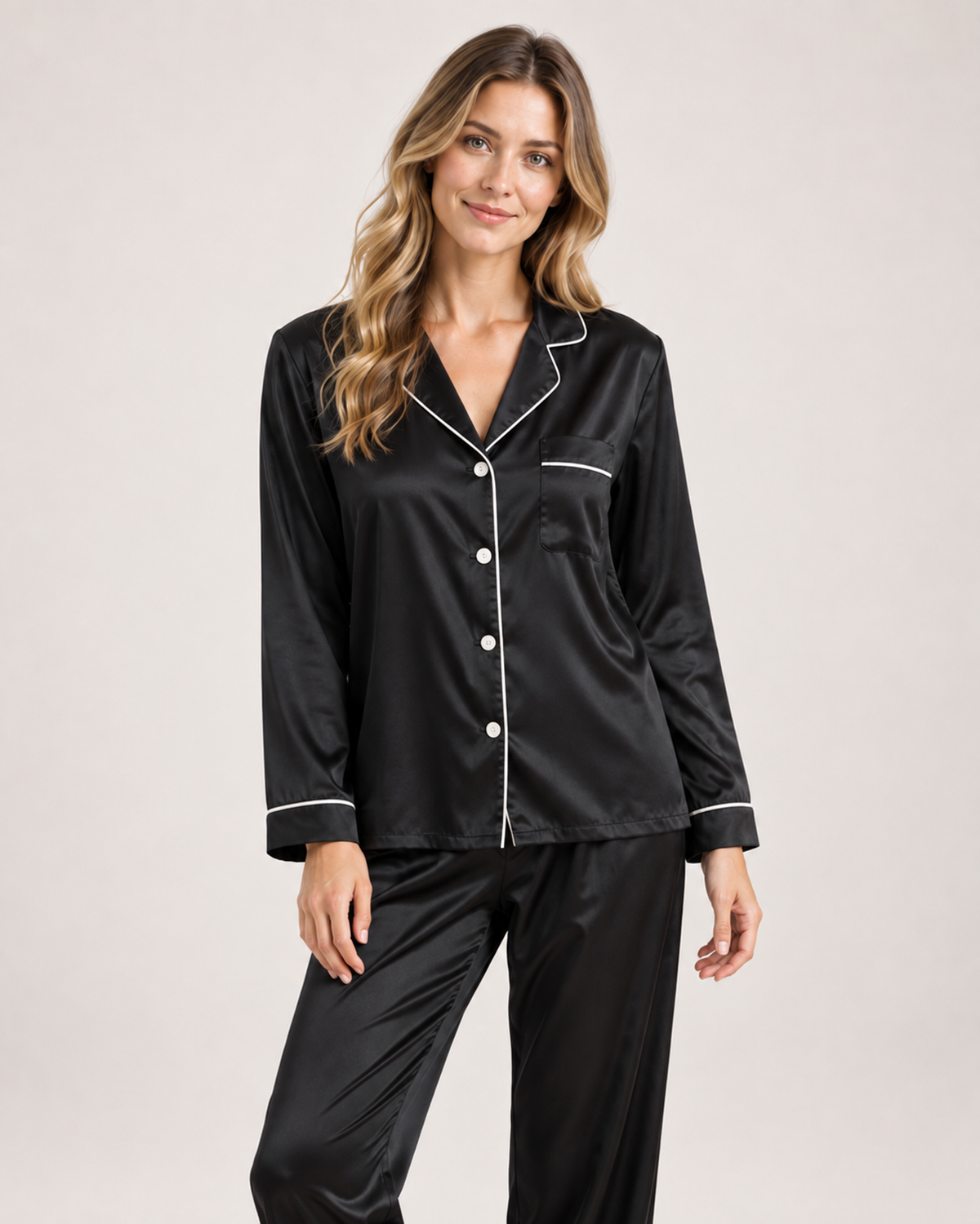 Women’s Pyjama Set with Contrast Piping in Black, lower body product focus view