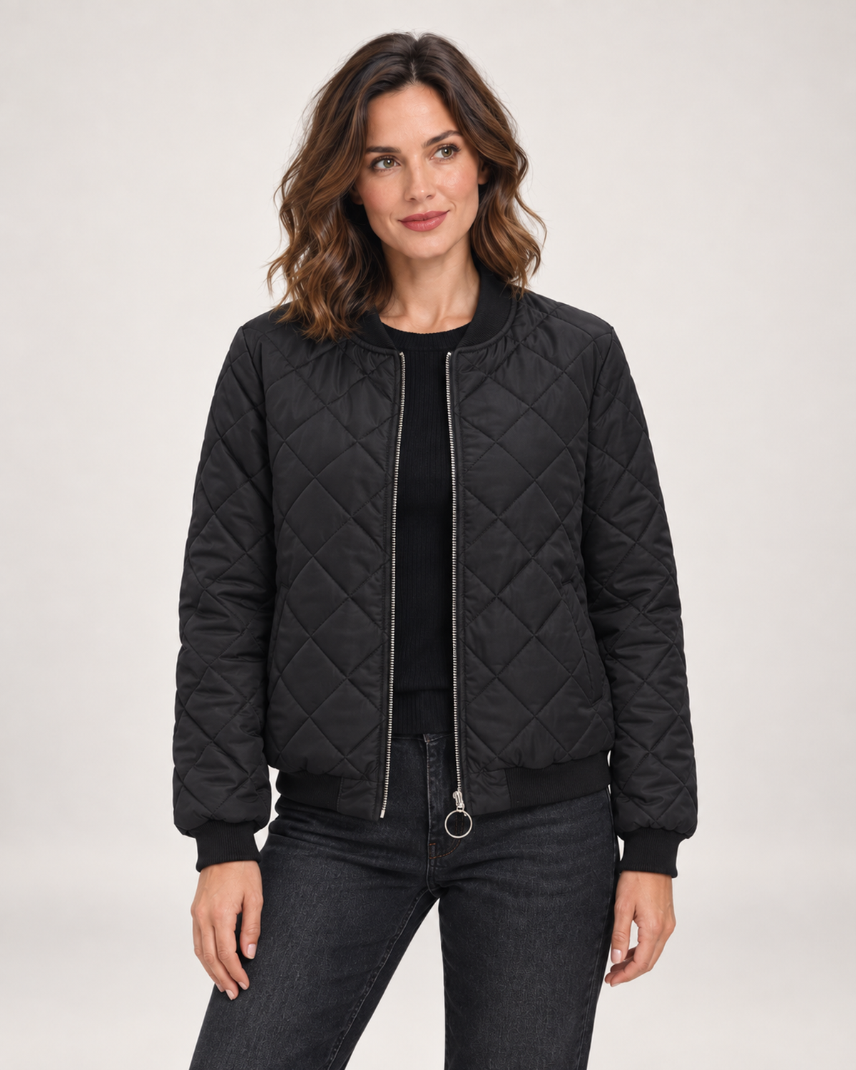 Women’s Quilted Jacket with Stand Collar in Black, short outerwear product focus view