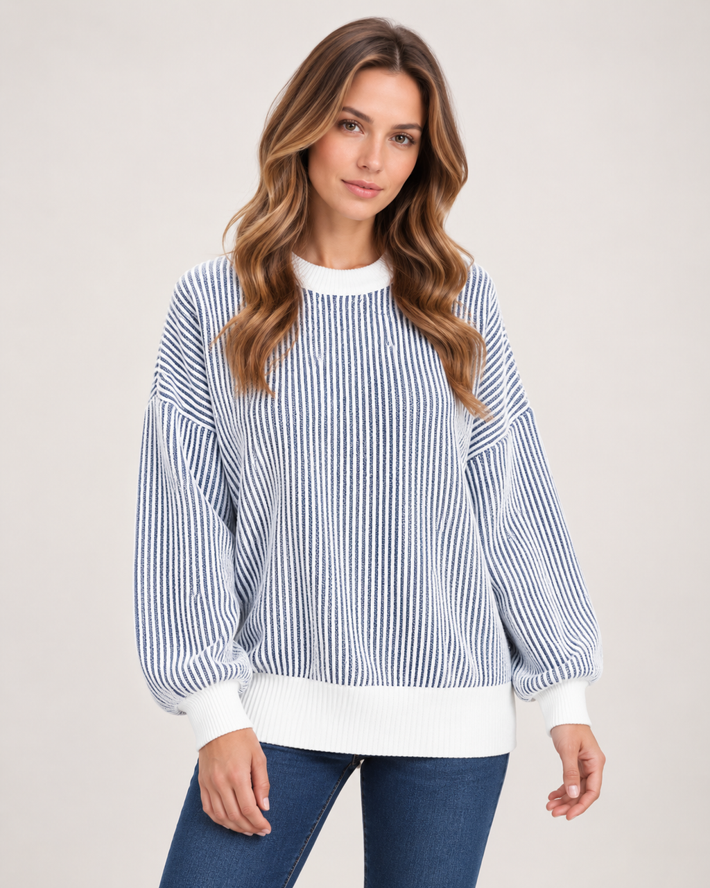 Women’s Striped Jumper with Contrast Trim in Blue, upper body product focus view