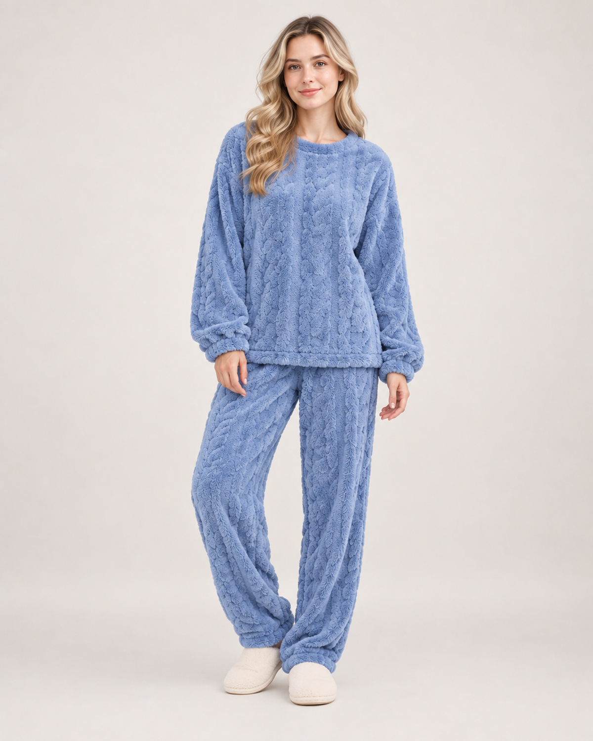 Women’s Pyjamas with Flannel Cable Pattern in Blue, lower body product focus view