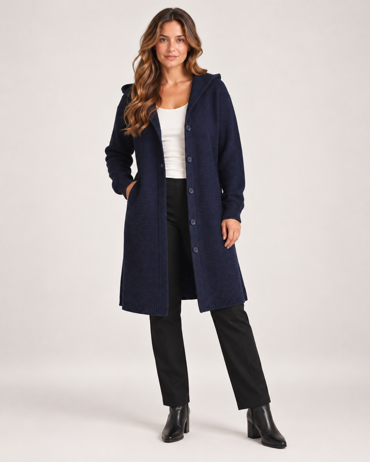 Women's Longline Cardigan with Hood and Button Front blue close variant view