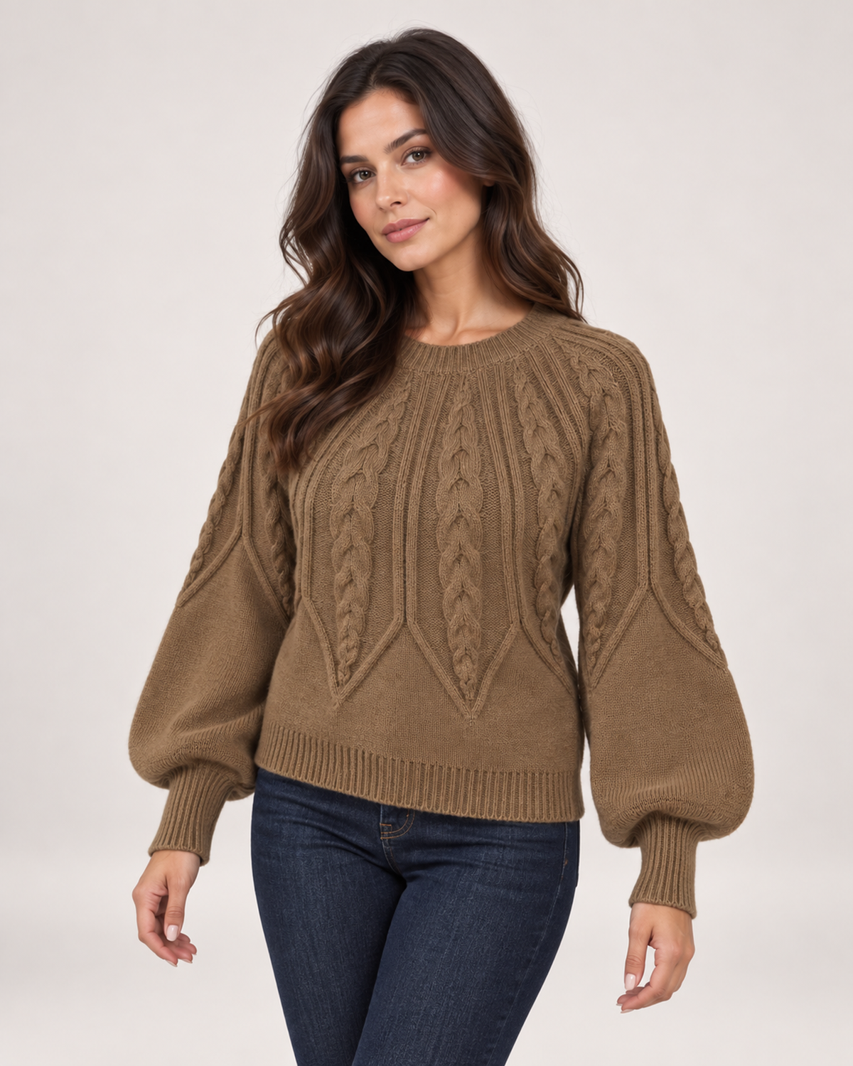 Women’s Cable Knit Jumper with Balloon Sleeves in Brown, upper body product focus view