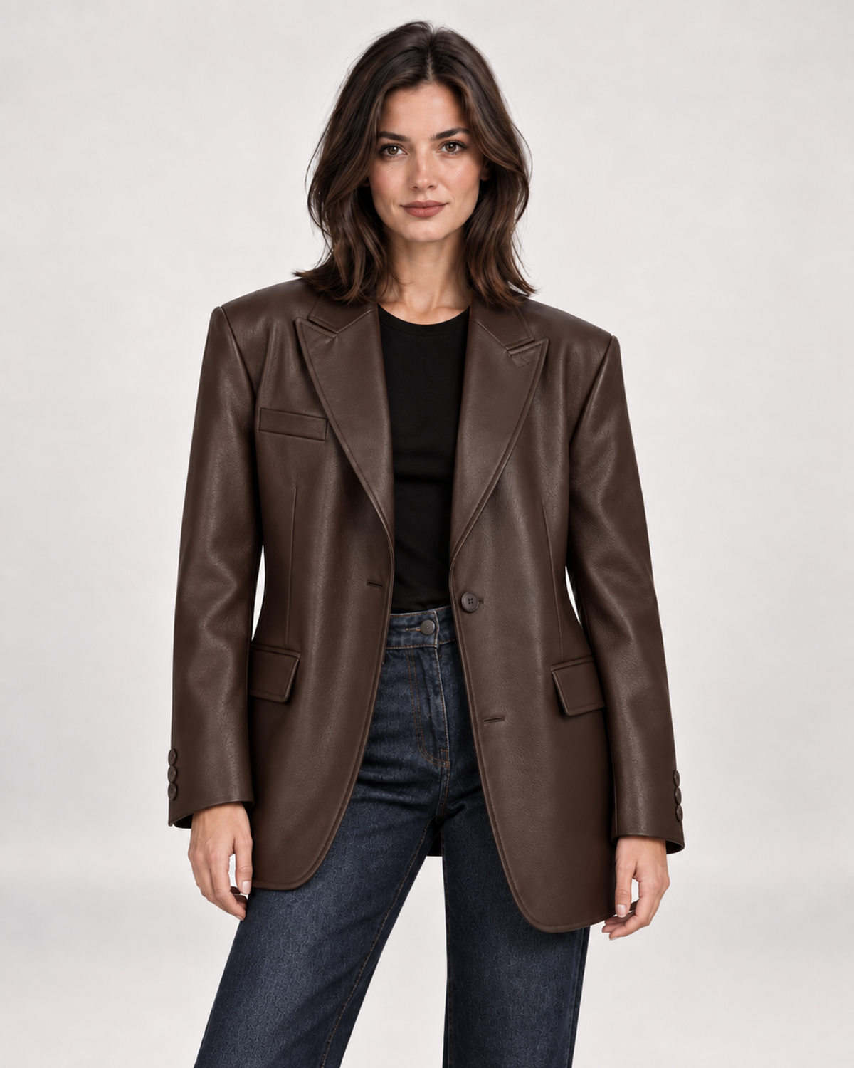 Women’s Faux Leather Blazer with Oversized Fit in Brown, short outerwear product focus view