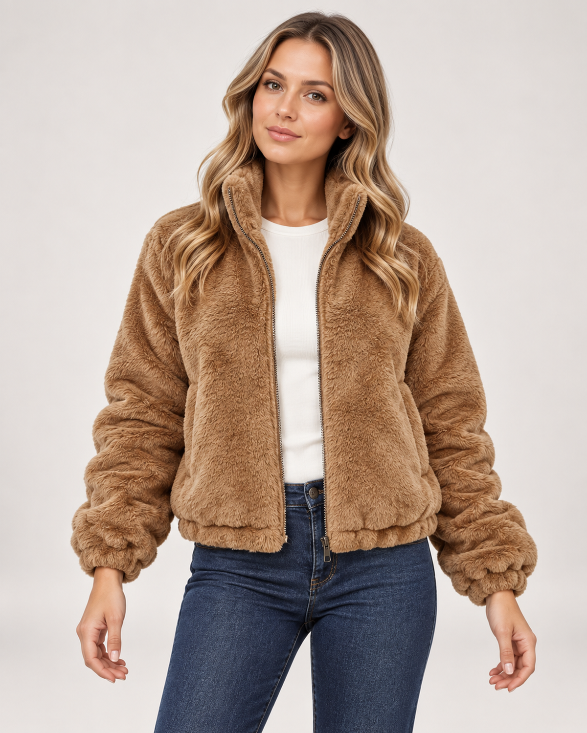 Women’s Fleece Jacket with Funnel Neck and Zip Front in Brown, short outerwear product focus view